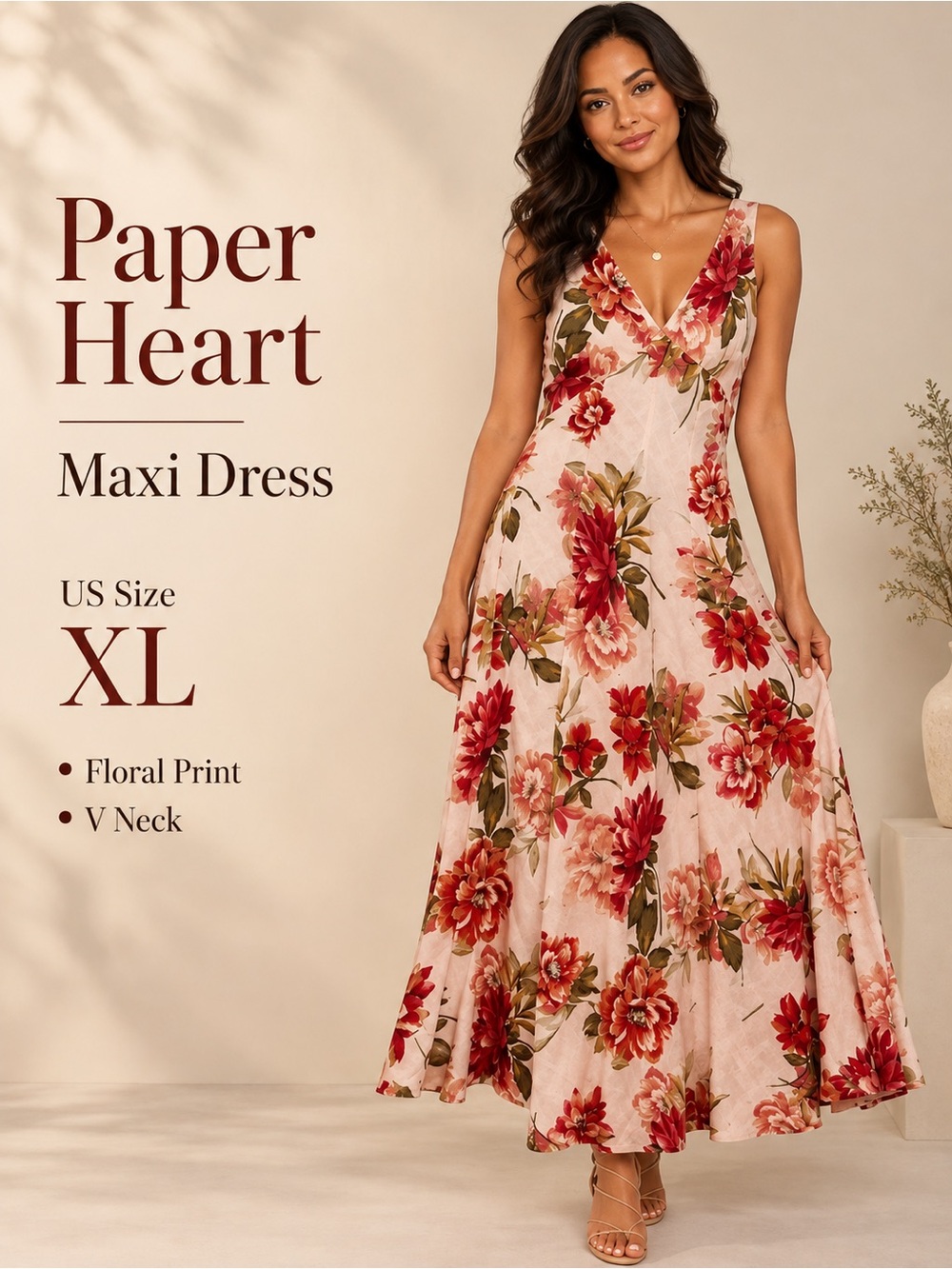 Paper Heart Maxi Dress Womens XL Multicolor Rose Floral Linen Blend V Neck